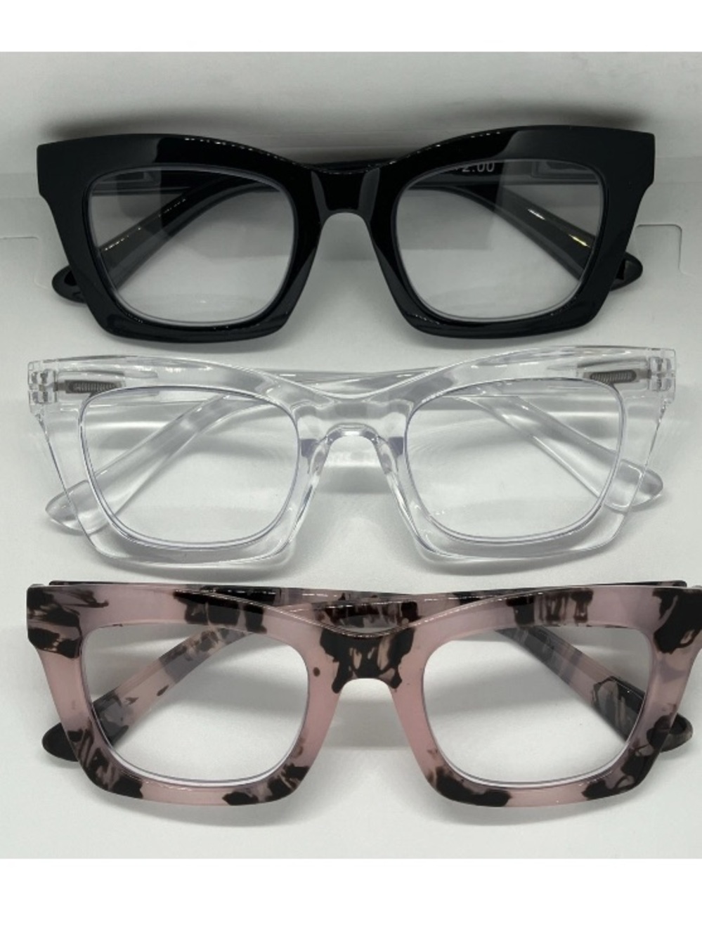 3 Pr. Oversized Pink, Clear Black 2.0 Women’s Reading Glasses Square Readers New